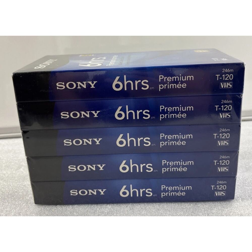 Sony T-120VR Premium Blank VHS Videocassette Tapes 6 Hours 5 Pack New Sealed